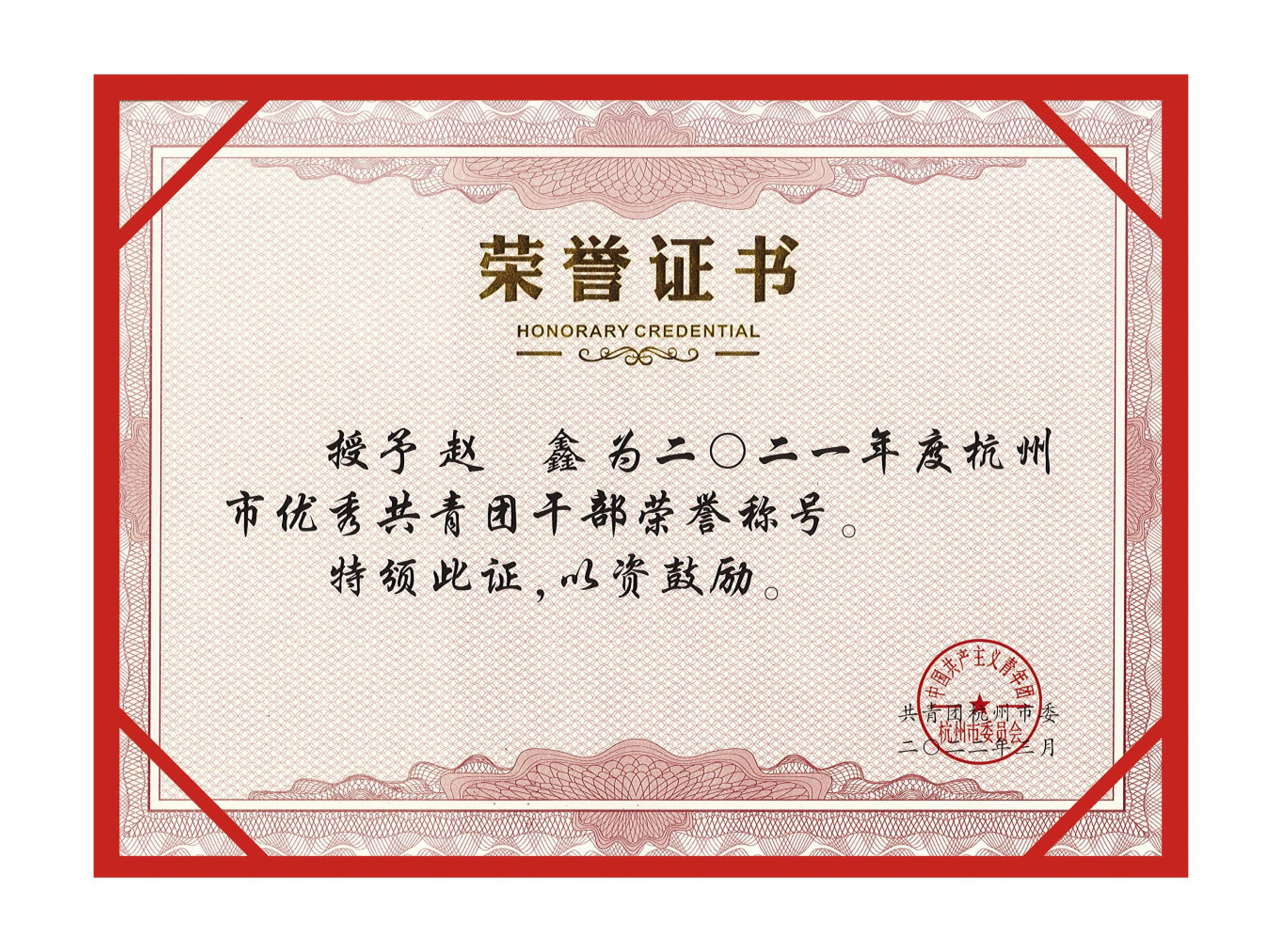 共青团杭州市优秀干部（赵鑫）